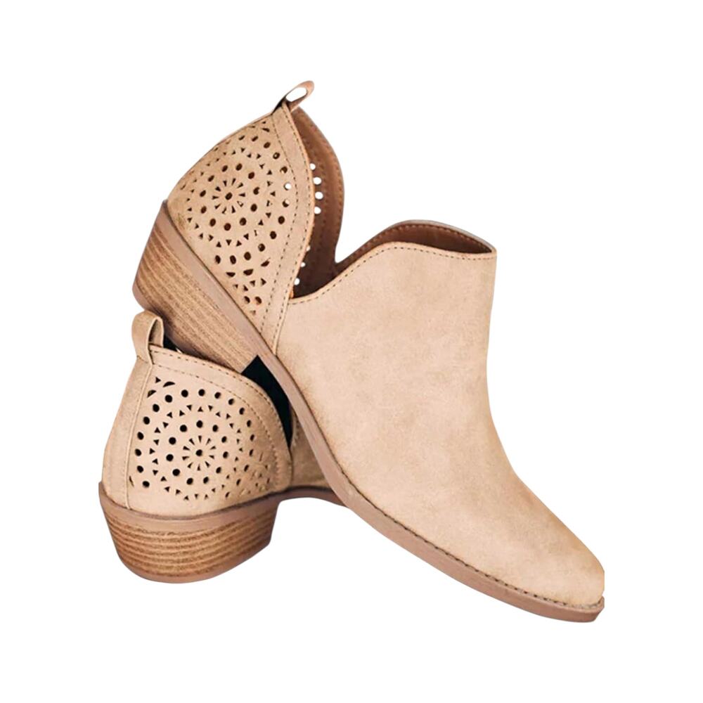 Khaki Ankle Boots Casual Cut Out Slip Short Chunky Stacked Heel Western Booties
